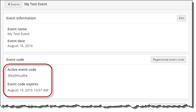 Event code expiration information